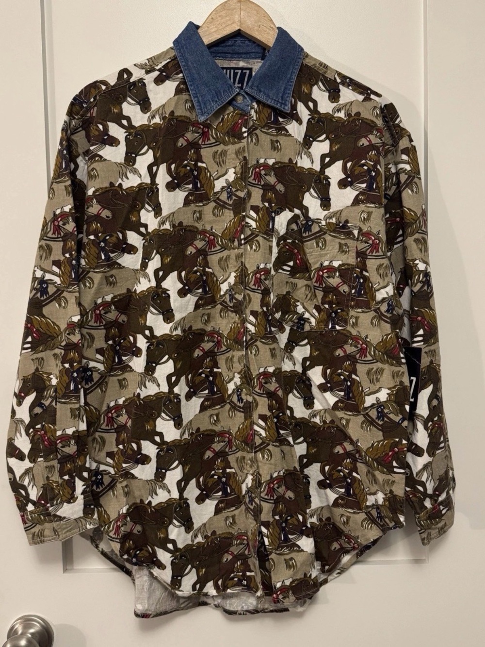 90s NWT Men’s Horse AOP Denim Collar Button Shirt Quizz New York Cowboycore M